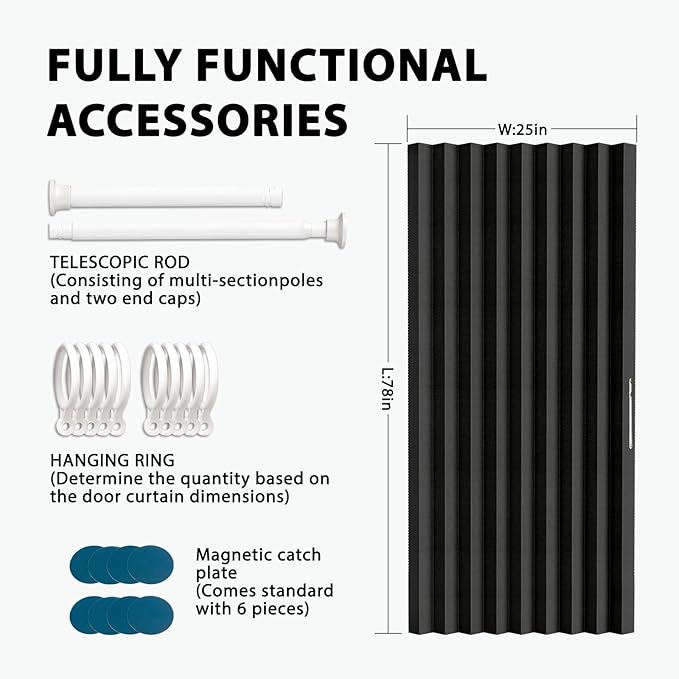 Jilron Accordion Door Curtain Set - 100% Blackout, with Curtain Rod Included, for Bedroom Privacy Protection (Black-43 W x 78