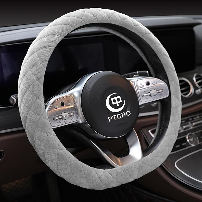Soft Car Steering Wheel Cover for Sedan, SUV, Warm Luxury Velvet, Odorless, Universal, Anti Slip, Summer Winter, Gray, D Shap