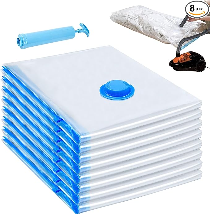 8 Pack Large Vacuum Storage Bags, Vacuum Seal Bags for Clothing with Hand Pump, 80% Space Saver Bags for Clothes, Pillows, Co