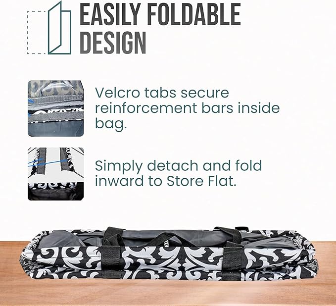 Extra Large Utility Tote Bag - Oversized Collapsible Reusable Wire Frame Rectangular Canvas Basket With Two Exterior Pockets For Beach, Pool, Laundry, Car Trunk, Storage - Damask Gray