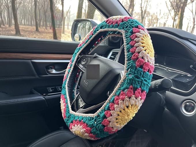 Crochet Sunflower Car Steering Wheel Covers Orange Universal 14-15 inch for Women/Men (C:Steering Wheel Cover)