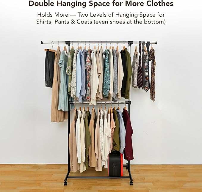 Displays By Jack Double Rail Clothes Rack, Adjustable Rolling Garment Rack on Wheels – Extendable Hanging Rods & Bottom Shelf