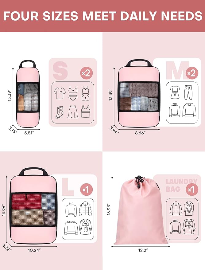 SDGFUI 6 PCS Set Compression Packing Cubes for Travel, Lightweight Packing Organizer Bags Travel Essentials for Carry On, Sui