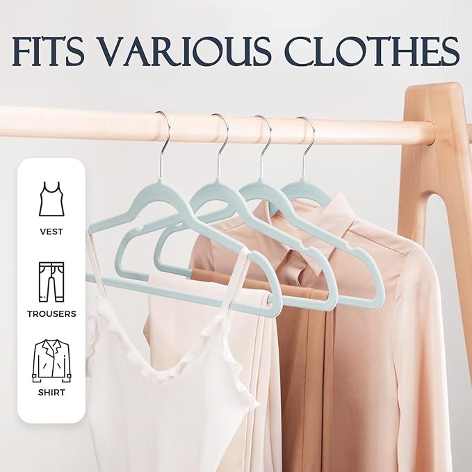 HOUSE DAY Sky Blue Velvet Hangers 60 Pack, Non Slip Clothes Felt Hanger Heavy Duty for Coat, Premium Slim Space Saving Suit H