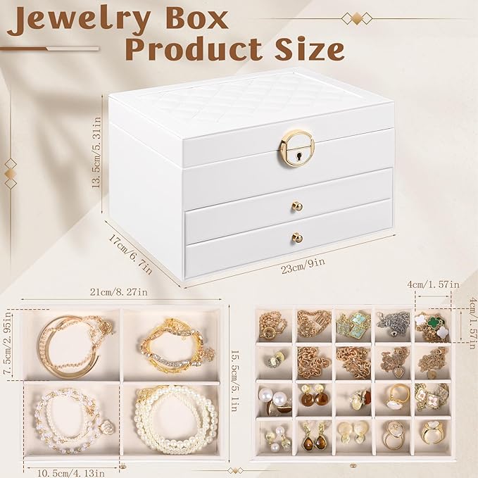 3 Layer Jewelry Boxes for Women with Mirror Large Jewelry Organizer Box with 2 Jewelry Organizer Drawer PU Lockable Elegant U