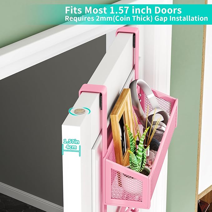 HapiRm Over The Door Hooks - Easy Installation Pink Door Hanger with Basket and 16 Hooks, 304 Stainless Steel Storage Organiz