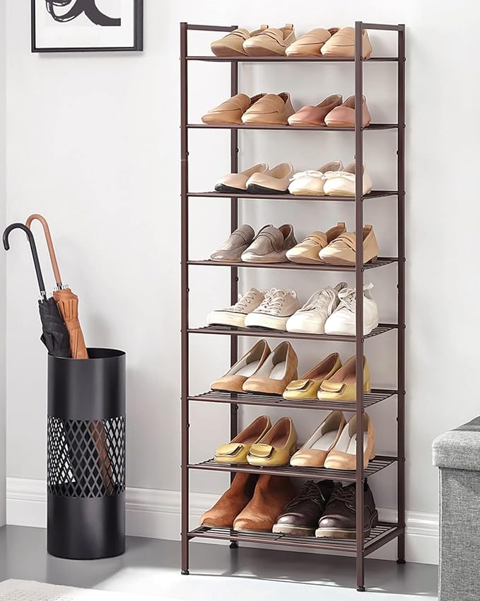SONGMICS Narrow Shoe Rack - Sturdy 8 Tier Metal Tall Shoe Rack Shelf, Slim Shoe Storage Organizer for Closet Entryway Small S