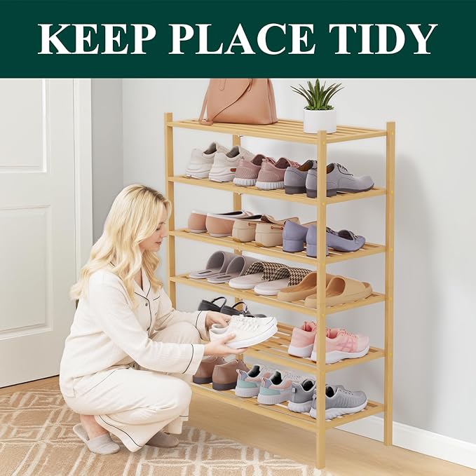 Smiry Bamboo Shoe Rack 6-Tier, Stackable Wooden Shoe Organizer for Entryway & Closet, Free Standing Wood Shoe Storage Shelf f