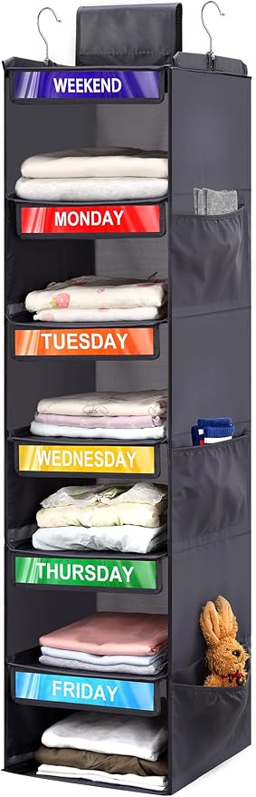 6-Shelf Weekly Clothes Organizer for Kids, Hanging Daily Closet Organization with 6 Side Pockets, Days of The Week Clothing D
