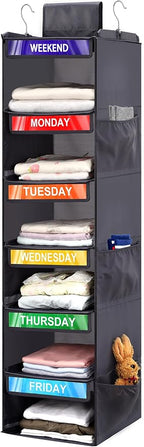 6-Shelf Weekly Clothes Organizer for Kids, Hanging Daily Closet Organization with 6 Side Pockets, Days of The Week Clothing D
