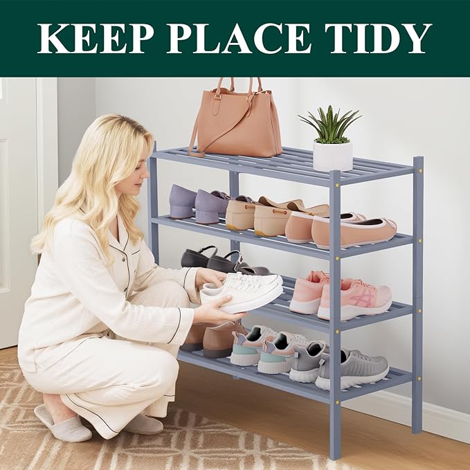 Smiry Bamboo Shoe Rack 4-Tier, Stackable Wooden Shoe Organizer for Entryway & Closet, Free Standing Wood Shoe Storage Shelf f