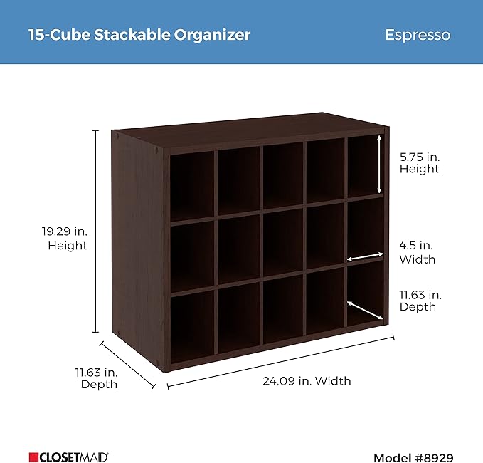 ClosetMaid 15 Cube Stackable Storage Organizer for Shoes, Bags, Crafts, Hobbies with Wood Shelves, for Closet, Entryway or Mu