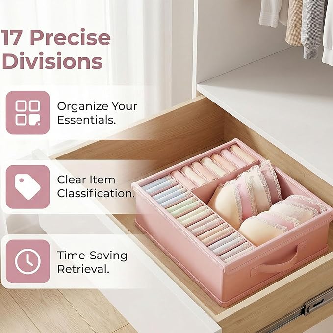 2 Pack Drawer Organizer Dividers with Lid, 17 Cell Underwear Organizer for Closet Organizers and Storage Boxes, Foldable Ward