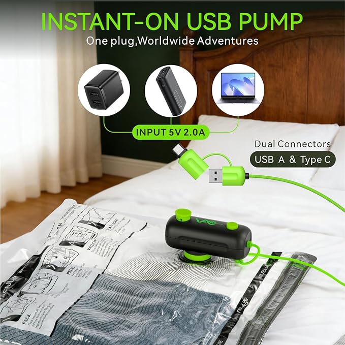 Vacuum Bags for Travel - USB Electric Pump, 15 Pack Carry-on Size Vacuum Seal Bags for Clothing - Space Saver Vacuum Storage 
