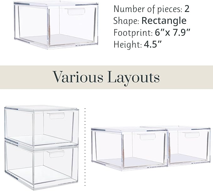 STORi Audrey Stackable Clear Bin Plastic Organizer Drawers | 2 Piece Set | Organize Cosmetics and Beauty Supplies on a Vanity