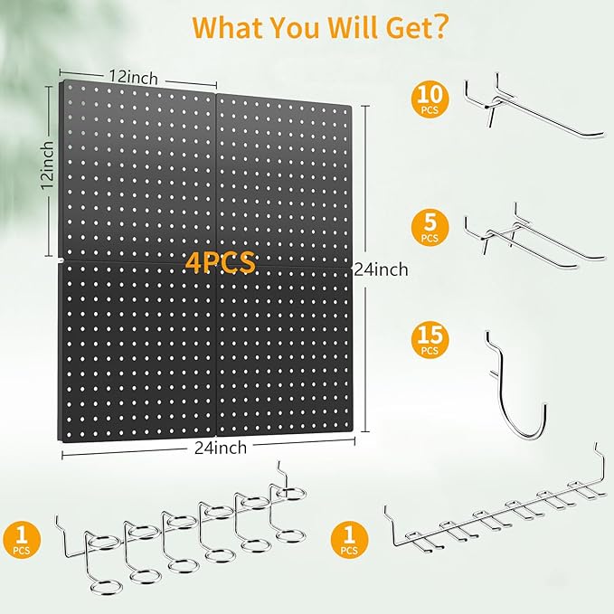 Peg Board, 4 Pack Metal Pegboard Kit,Black Pegboard Wall Organizer with 32 Pcs Hooks, Peg Board for Walls Home, Garage Tool S