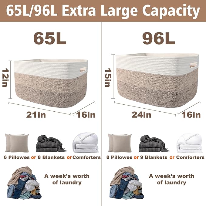 JMvicyroam Woven Blanket Basket,65L Large Storage Bin for Blankets Toys Clothes,Decorative Rope Basket for Living Room Bedroo
