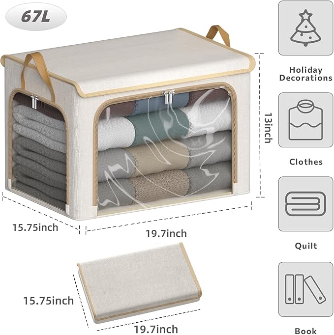 4 Pack Clothes Storage Bins with Metal Frame - 66L Stackable Storage Box with Lid，Foldable Storage Container Organizer for Cl
