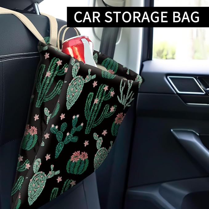 Car Trash Can, Cute Car Trash Bag, Hanging Car Organizer and Storage Bag, Trash Bin for Car Accessories, Vehicle, Travelling, Camping Cute Cactus