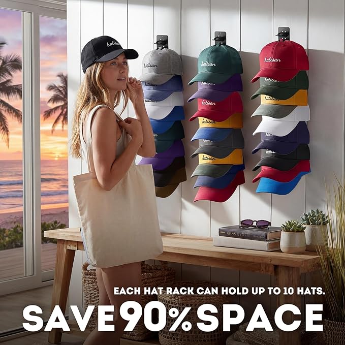 4 Pack Hat Organizer for Baseball Caps, Detachable DIY Hat Rack for Wall Hat Holder Hold up to 44 Hats, Baseball Cap Organize
