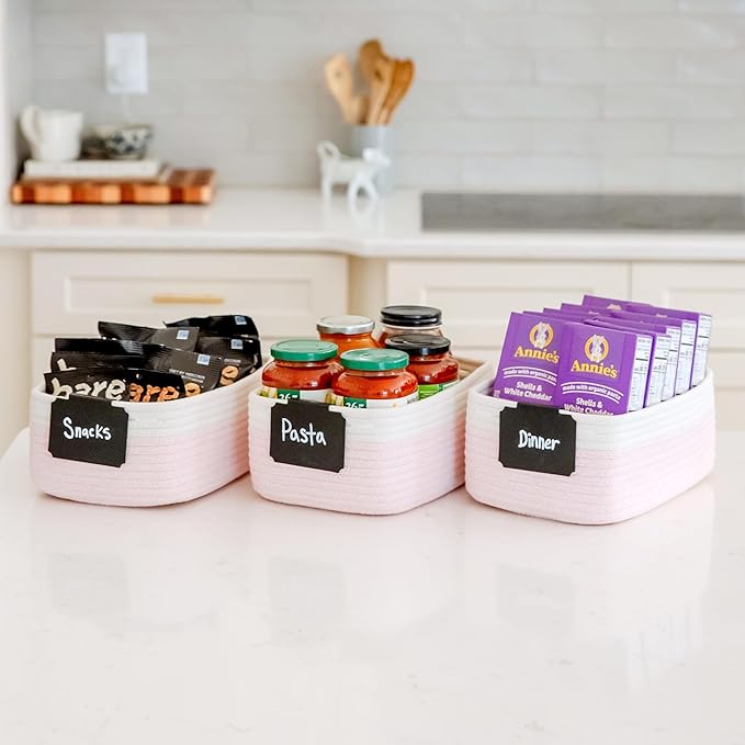 NaturalCozy 11.8"x8"x4.5” Rectangle Storage Baskets for Shelves 3 Pack | Cotton Rope Woven Small Baskets for Organizing | Sma
