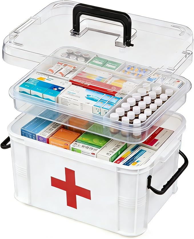 15QT Clear Medicine Organizer Box with Handle, Plastic Medicine Container with Tray First Aid Box Empty, Thickened Medicine S