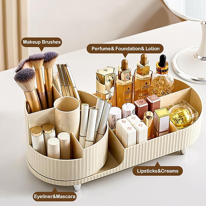 Rotating Makeup Organizer for Vanity with Brush Holder, Cosmetic Makeup Storage Organizer, Large Spinning Makeup Skincare Org