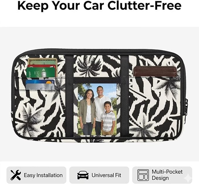 Coconut Tree Zippered Car Sun Visor Organizer with Adjustable Straps and Multi-Pocket Pouch Storage Organizer with Picture Holder Easy Installation Universal Fit for Most Cars SUV