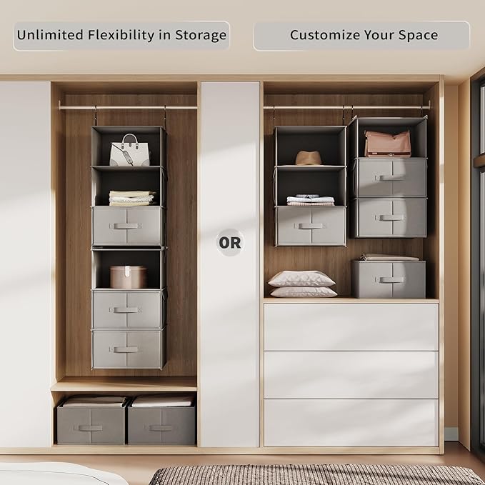 Vailando 6-Tier Hanging Shelves for Closet, Two 3-Shelf Hanging Closet Organizer w/ 4 Side Pockets and 3 Drawers, Combinable 