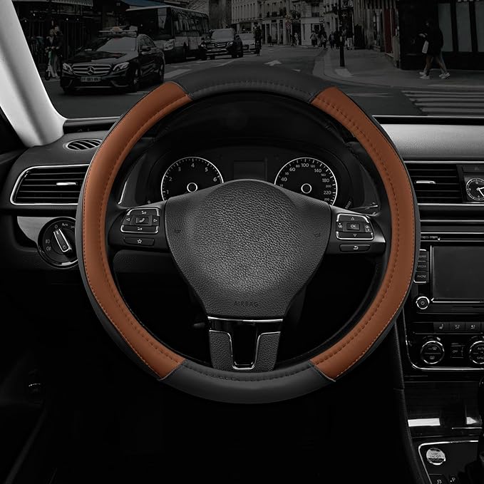 Road Comforts Leather Steering Wheel Cover with Decorative Trim and Piping, Anti-Slip Breathable Design, Fits 14.5–15 Inch Ro
