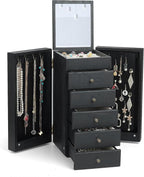 Meangood Jewelry Box Wood for Women, 6-Layer Large Organizer Box with Mirror & 5 Drawers for Rings, Earrings, Necklaces, Vint