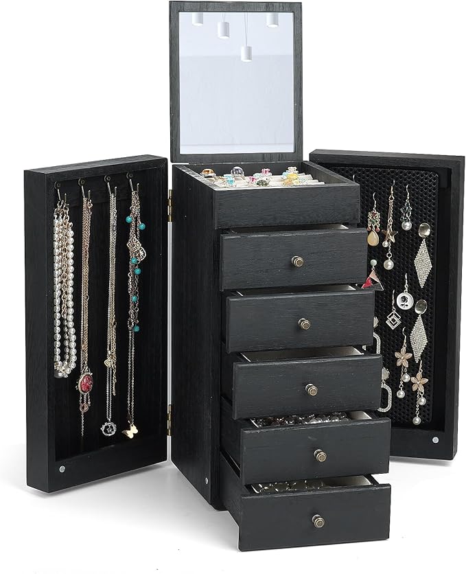 Meangood Jewelry Box Wood for Women, 6-Layer Large Organizer Box with Mirror & 5 Drawers for Rings, Earrings, Necklaces, Vint