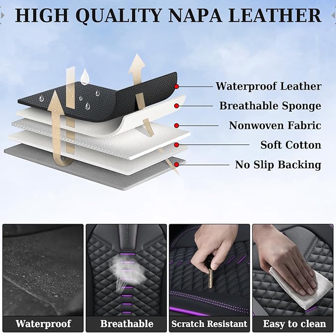 Coverado Car Seat Covers Front Seats, Nappa Leather Black&Purple Car Seat Cover, Automotive Seat Covers, Waterproof Driver Se