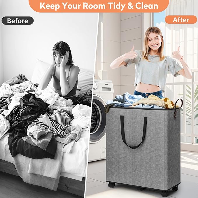 SpaceTrove Laundry Basket with Wheels, Collapsible Laundry Baskets, Laundry Hamper with Handles Detachable Wheels, Rolling La