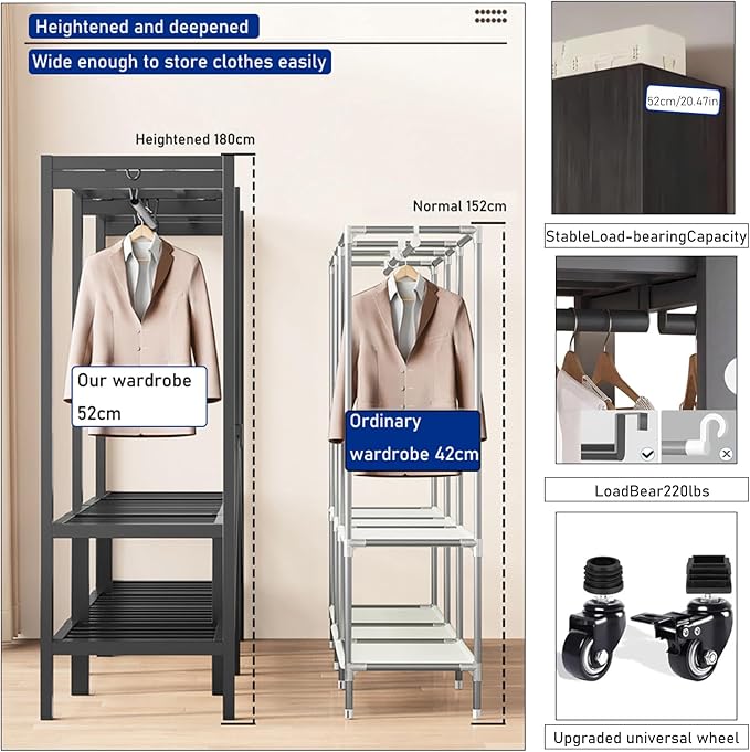 Heavy Duty Portable Wardrobe Closet, Metal Foldable Covered Clothes Rack, 1500LBS, Freestanding Closet System Rolling Garment