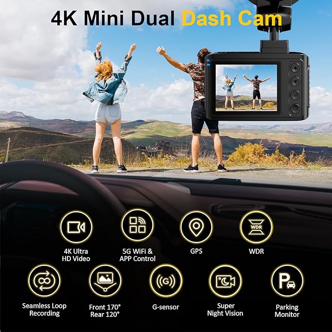 Dash Cam Front and Rear: 4K+2.5K Dual Channel Dash Cam-5GHz WiFi, GPS Dash Camera for Cars with 64GB Card, 2.0" IPS Screen, A