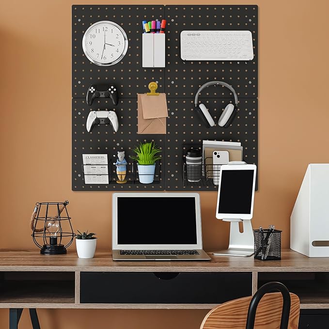 FZK Peg Board, 25pcs PegBoard Wall Organizer, 12in*12in, Includes 4 Black Pegboard and Accessories, Plastic PegBoard for Room