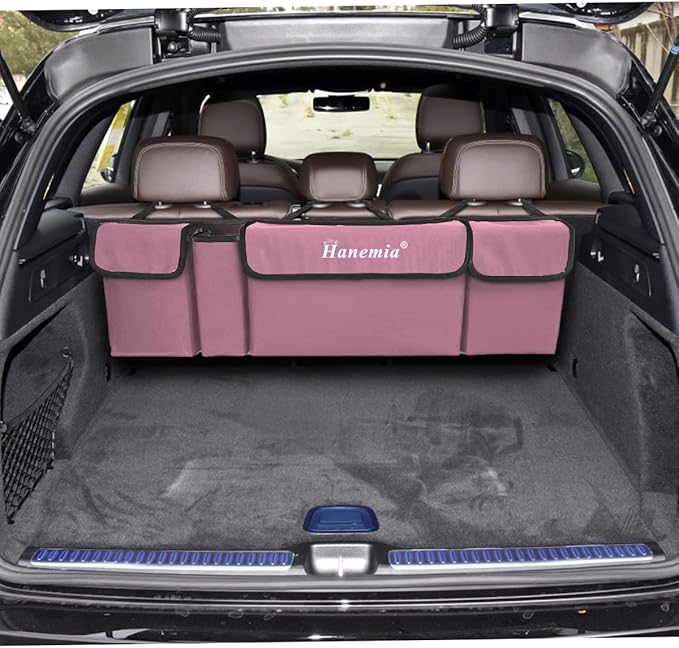 Hanemia Car Trunk Organizer, Backseat Hanging Storage with 4 Large Pockets, Collapsible Cargo Bag with Adjustable Straps