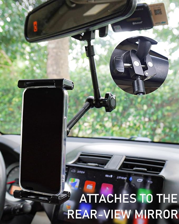 Rearview Mirror Tablet Holder- Metal Long Arm 360° Rotation and Folding, Rear View Mirror Tablet Holder, Fit Thick Cases (Deep Max 1.18'') for iPad Pro Air Mini, Galaxy Tab, iPhone, 6-15.6'' Devices