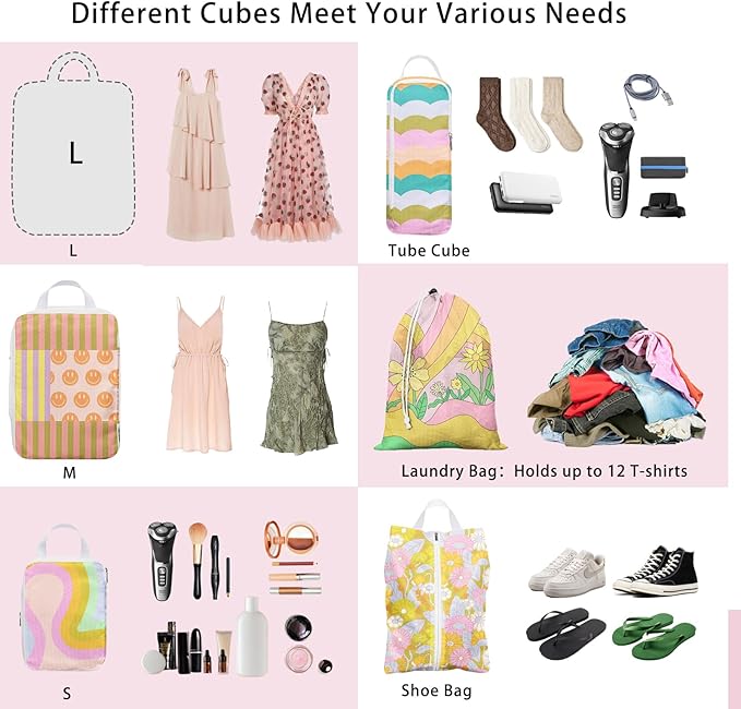 6 Pcs Compression Packing Cubes, Packing Cubes for Travel, Waterproof Luggage Organizer Bags Set, Cute Packaging Cubes for Wo
