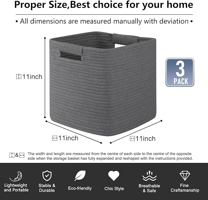 OIAHOMY Storage Cubes 11 Inch Storage Bins-3 Pack, Cotton Rope Woven Baskets for Organizing, Square Baskets for Shelves Organ
