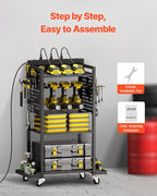 VEVOR 4-Tier Tool Organizer Cart with Charging Station, 8 AC Outlet, Floor Stand Rolling Drill Holder and Tool Battery Storag