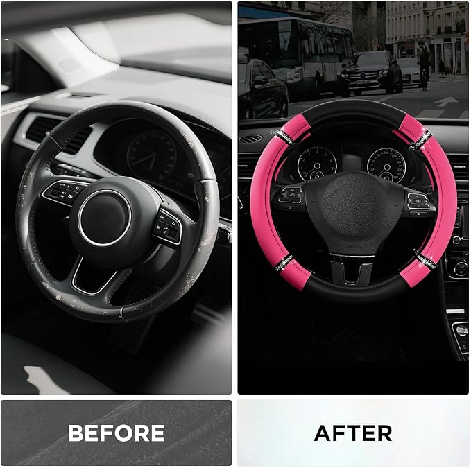 Road Comfort Leather Steering Wheel Cover – Premium Anti-Slip Car Steering Wheel Grip Cover – Universal Fit for 14.5”–15.5” C