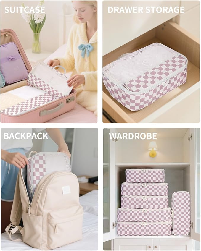 Narwey 7 Set Checkered Packing Cubes for Travel Carry on Suitcase Luggage Organizer Bags for Kids Women Men, Durable Packing 