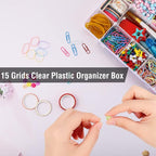 Exptolii 15 Large Grids Plastic Organizer Box with Dividers, 2 Pack Clear Compartment Container Storage for Washi Tapes Beads
