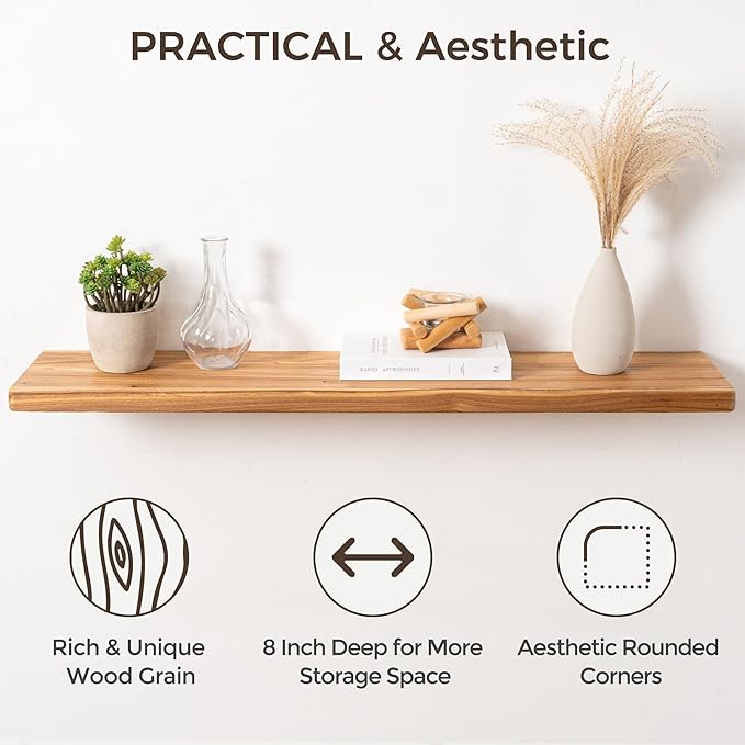 Fun Memories 55 Inch Wood Floating Shelves, Natural Elm Wood Floating Shelf for Wall, 8 Inch Deep Wall Shelves for Home Stora