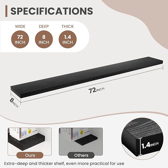72 Inch Floating Shelves, 8 Inch Deep Floating Shelves for Wall, Hanging Shelf with Invisible Brackets, Deep Shelves for Bath