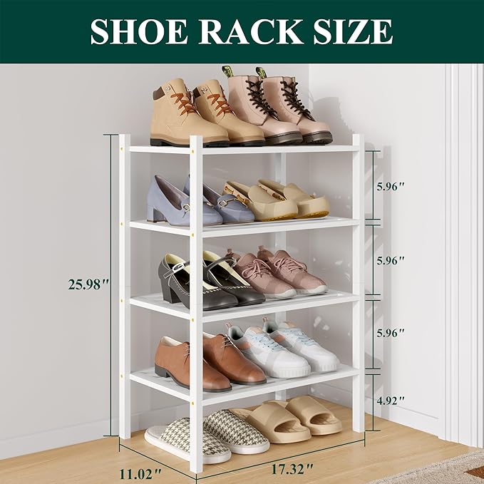 Smiry Small Bamboo Shoe Rack 4-Tier, Stackable Wooden Shoe Organizer for Entryway & Closet, Free Standing Wood Shoe Storage S
