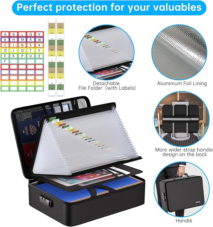 ENGPOW Fireproof Document Box with Lock,5200℉ Soft Case Fireproof Box with 25 Pocket Accordion File Folder,Multi-Layer Firepr