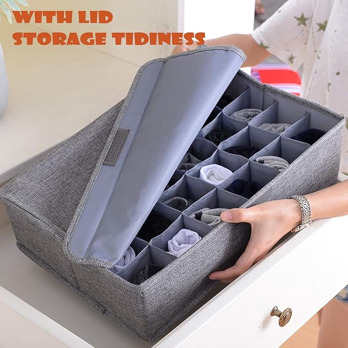 AARAINBOW 2 Packs Underwear Socks Ties Storage Organizer with Lids Foldable Closet Drawer Organizer 60 Cells, Fabric Drawer W